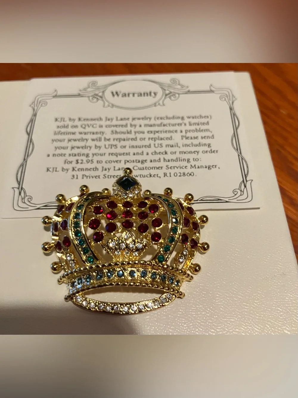 NEW Vintage Kenneth Jay Lane  Gold-Tone Crown Brooch with Red and Green Accents